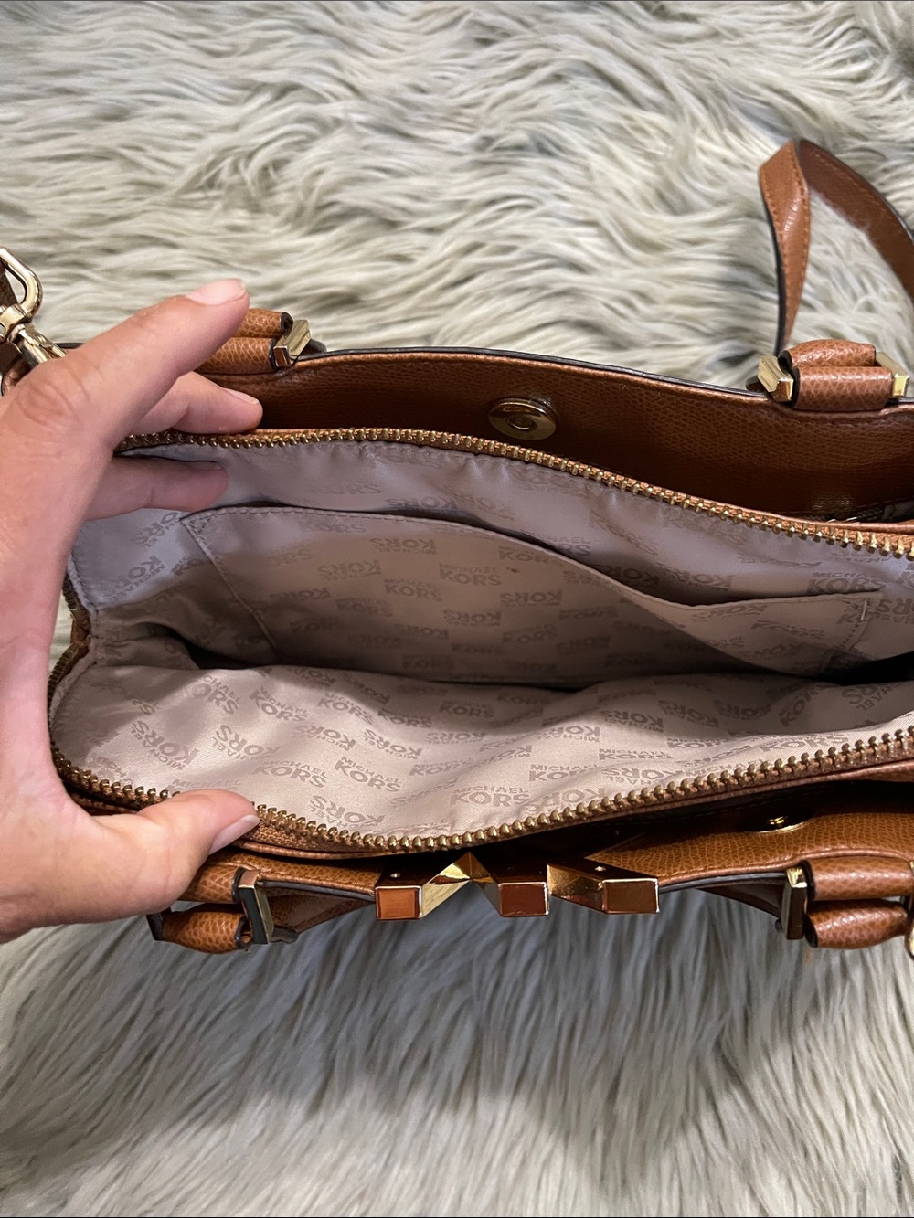 Michael Kors Cognac Pebbled Leather Shoulder Tote with MK Logo - Picture 5 of 8